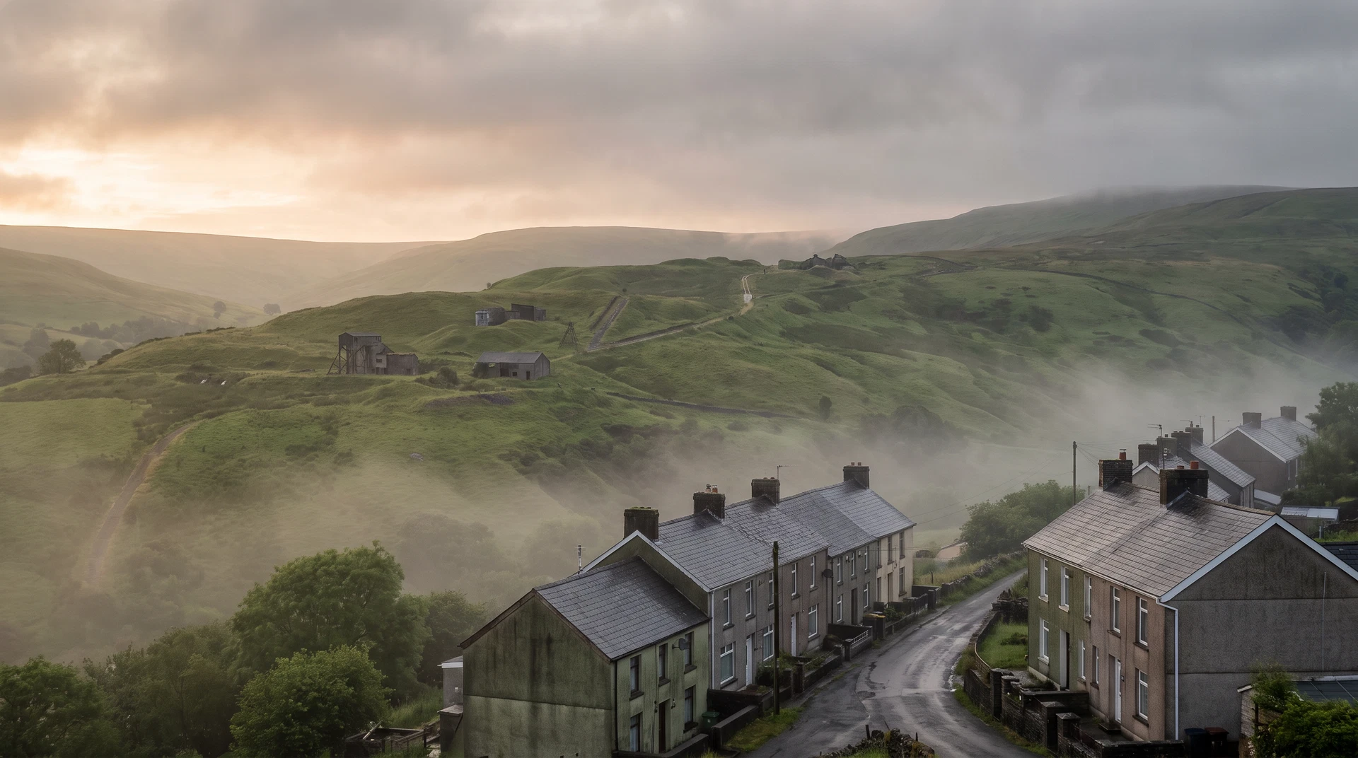 Blaenllechau and the Rhondda Fach valley in South Wales, with terraced homes below green hills after rain