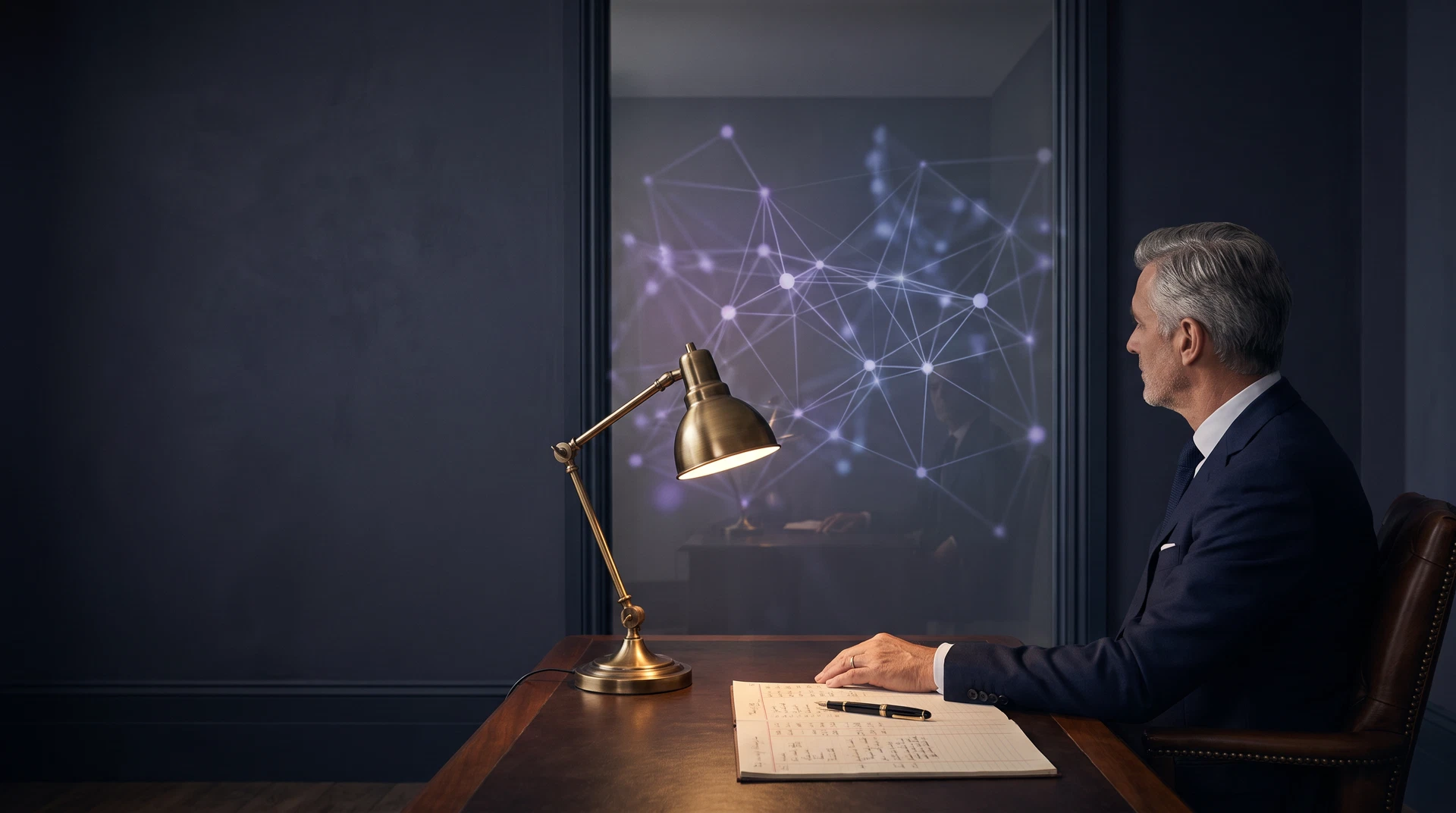 A business founder considering a human approval record beside an abstract AI decision network