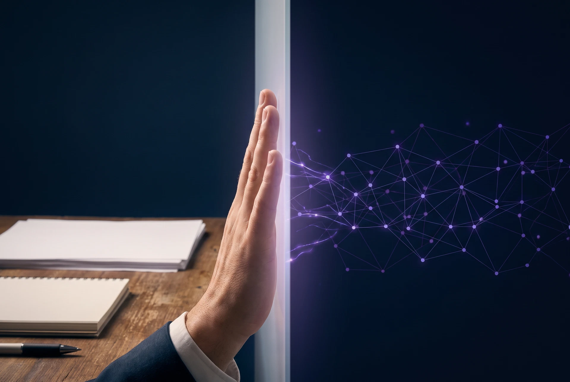 A human hand at the visible boundary between business evidence and an abstract AI decision network.