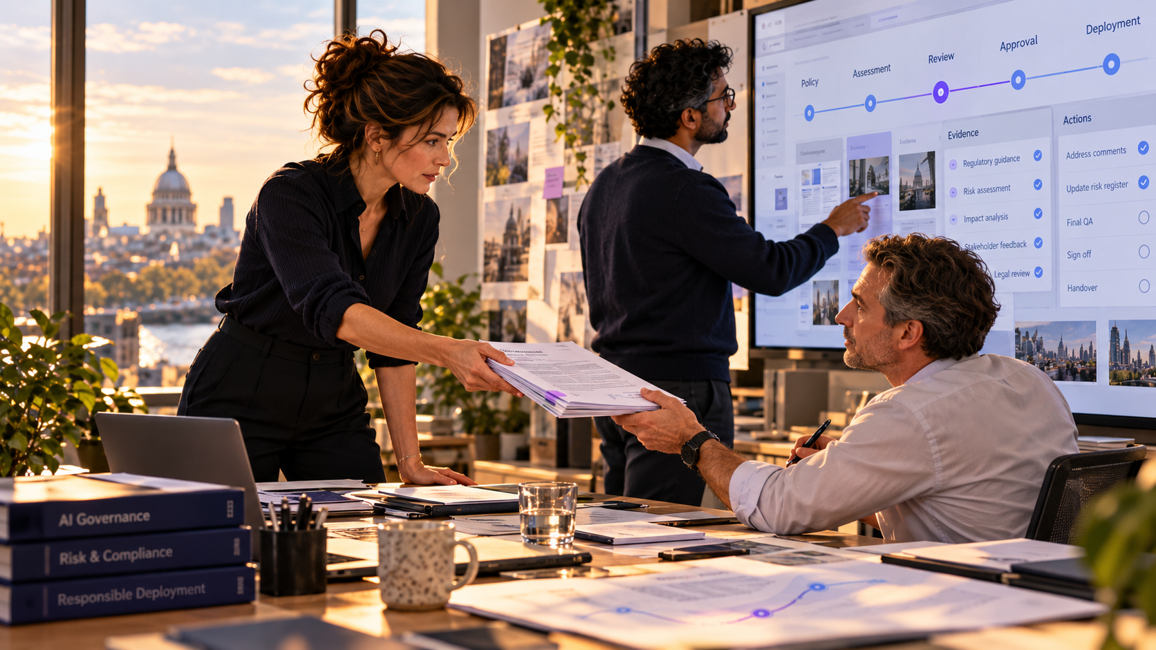 A document handover with an illustrated evidence, review and approval board in the background.