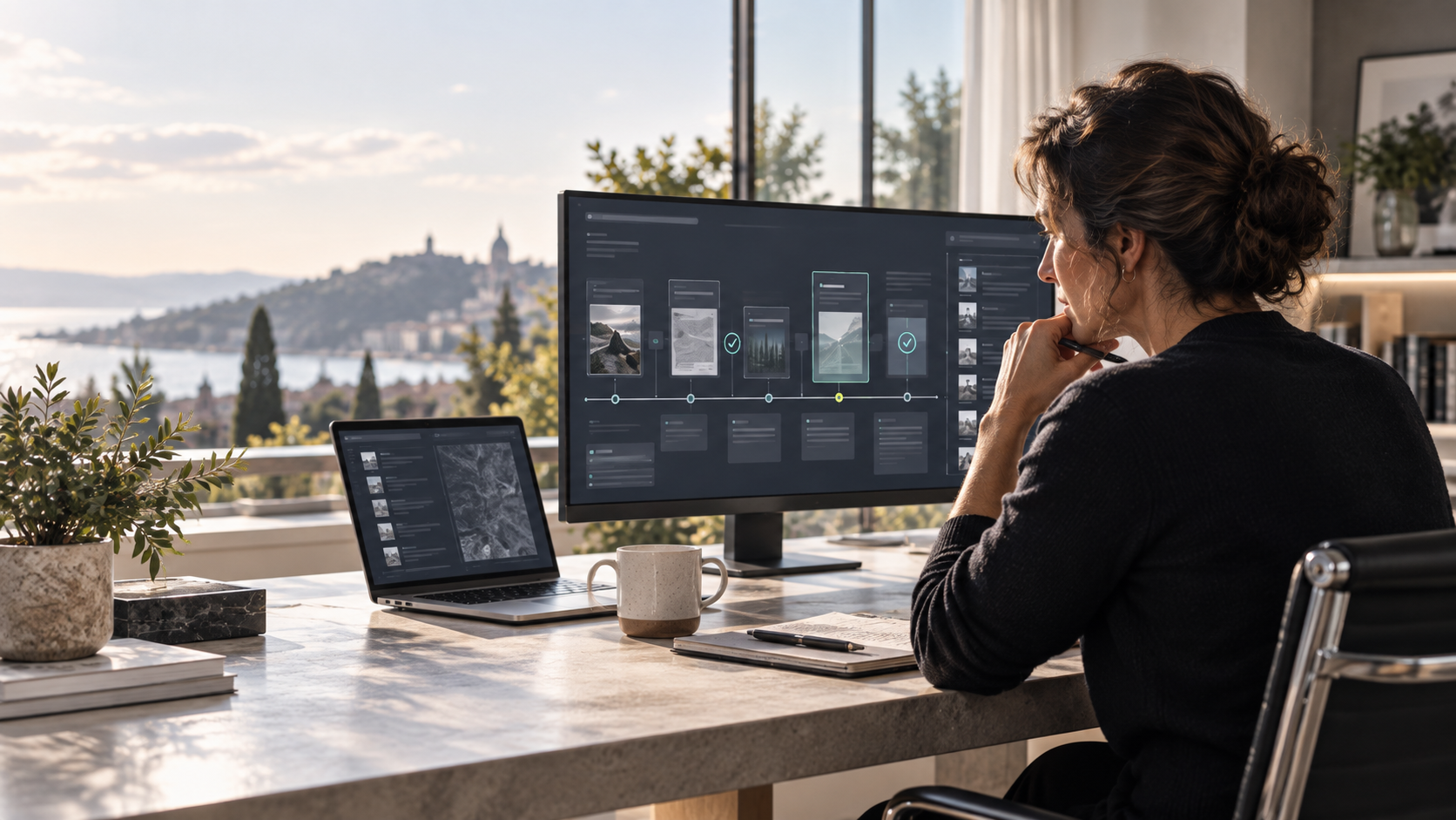 A woman reviews a visual decision workflow on a wide monitor beside a laptop and notebook, with a bright lakeside city view beyond.