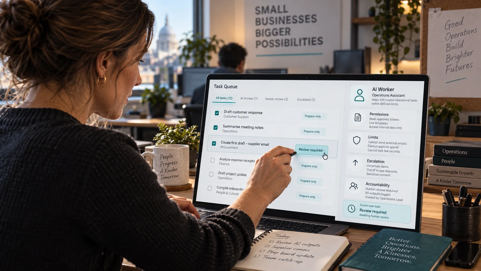 A person reviews an AI Worker task queue with visible permissions, limits, escalation and accountability.