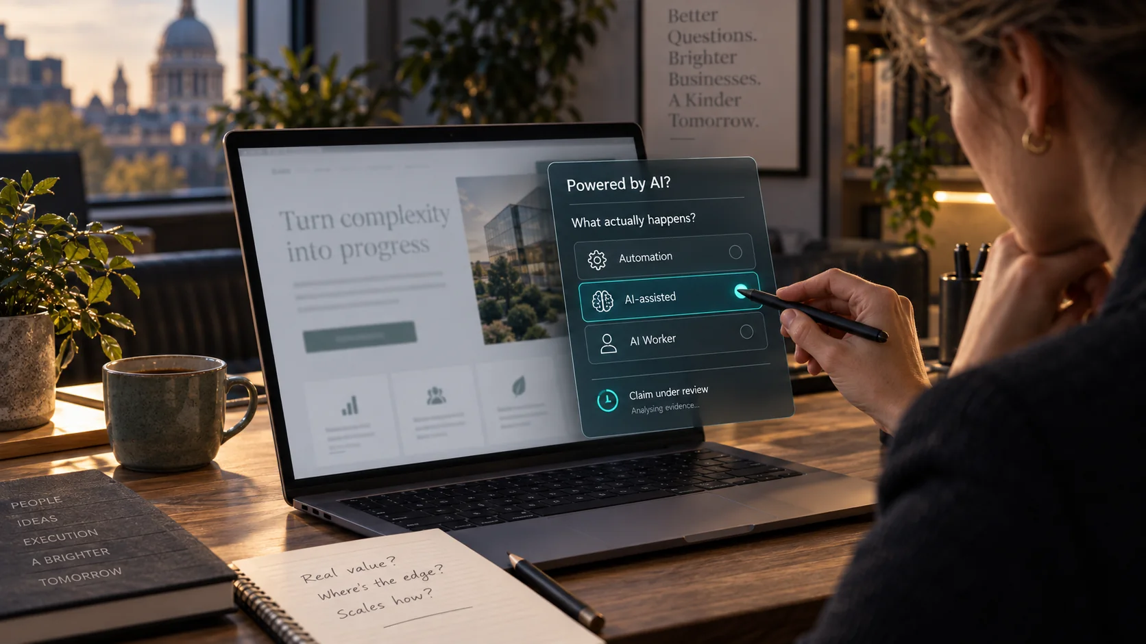 A business leader reviews whether a digital system is automation, AI-assisted or an AI Worker.