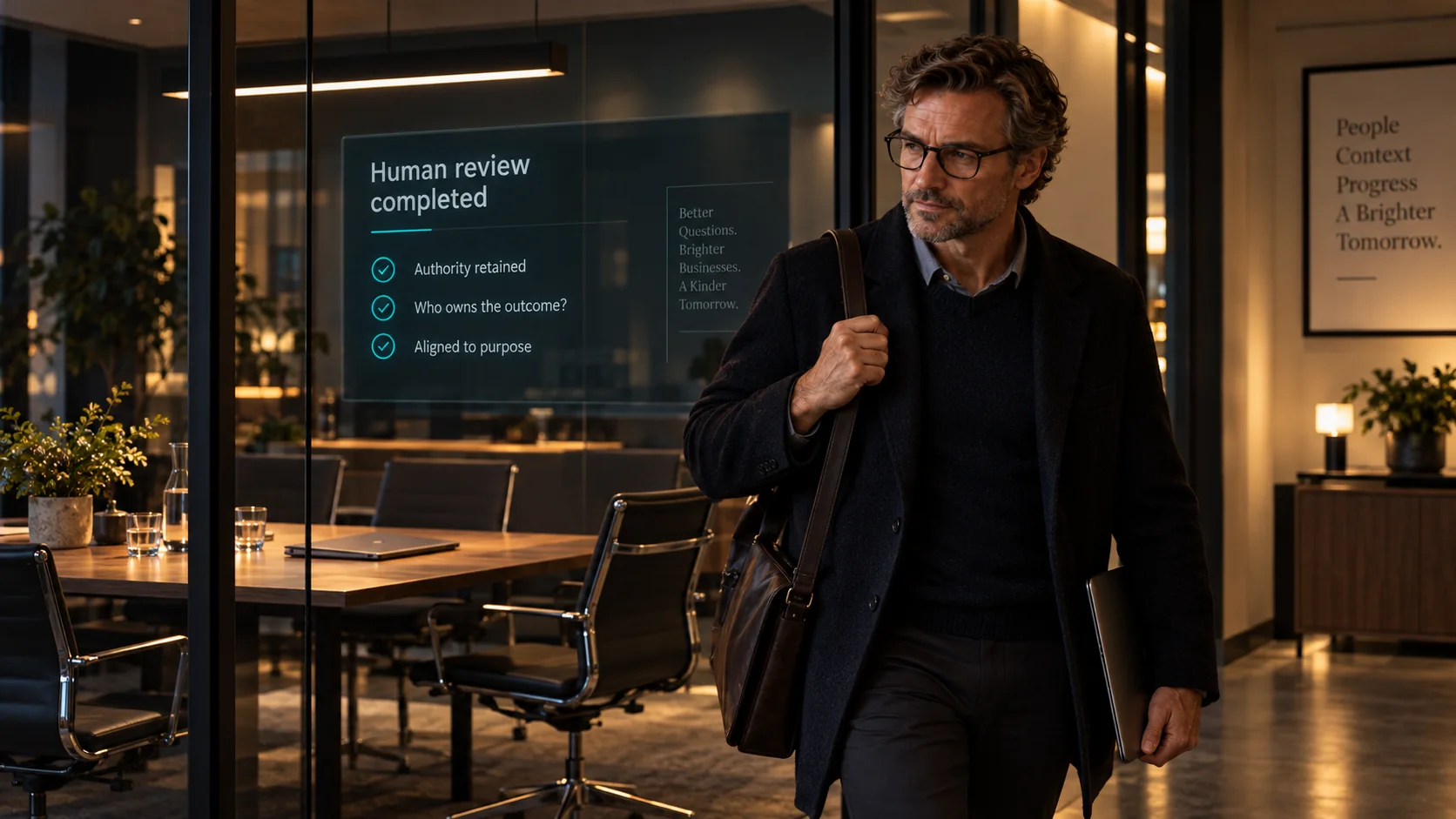 A business leader leaves a meeting after human review, with authority and ownership still visible.