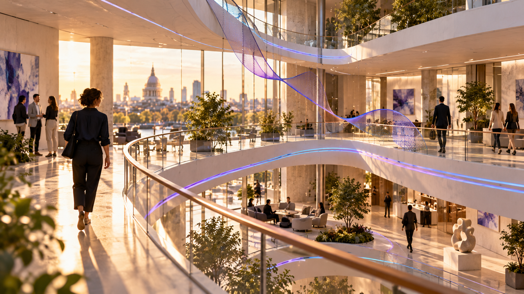 An open, sunlit atrium with people and a flowing blue–purple line.
