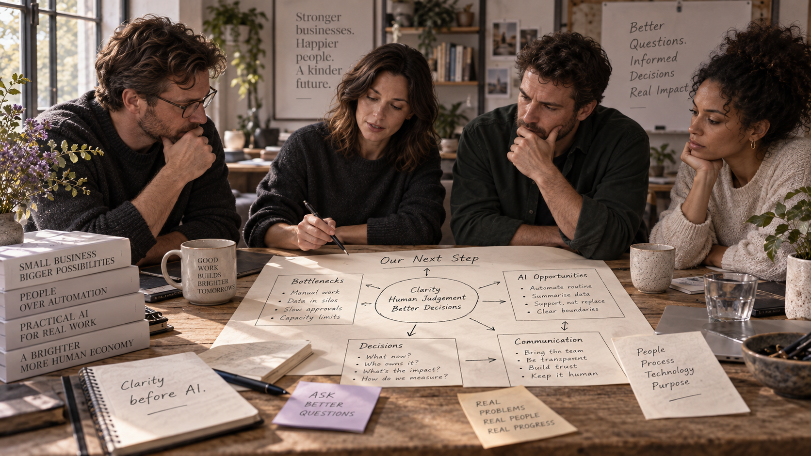 A small UK business team in a calm workspace facing a difficult decision together, led by reflection rather than technological spectacle.