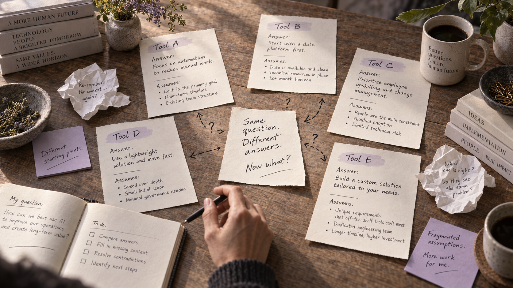 Separate paper notes and a hovering human hand visualising distinct tools working from disconnected assumptions.