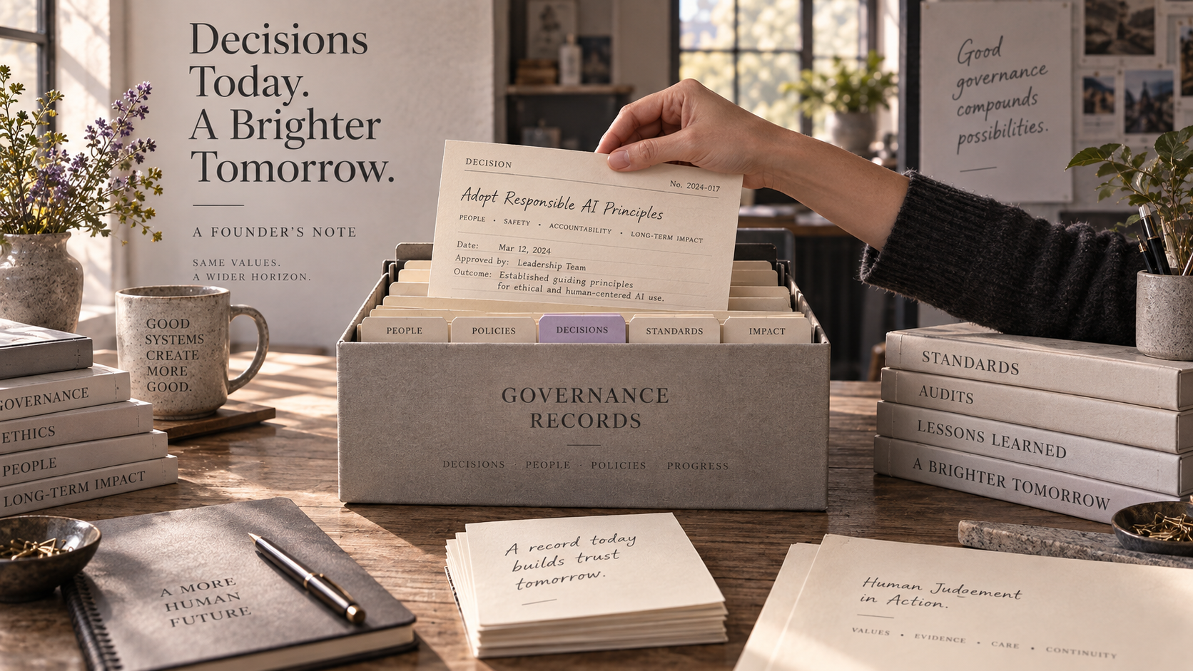 A physical governance archive of cream decision notes, a muted-lavender index tab and a human hand fixing a final record in place.