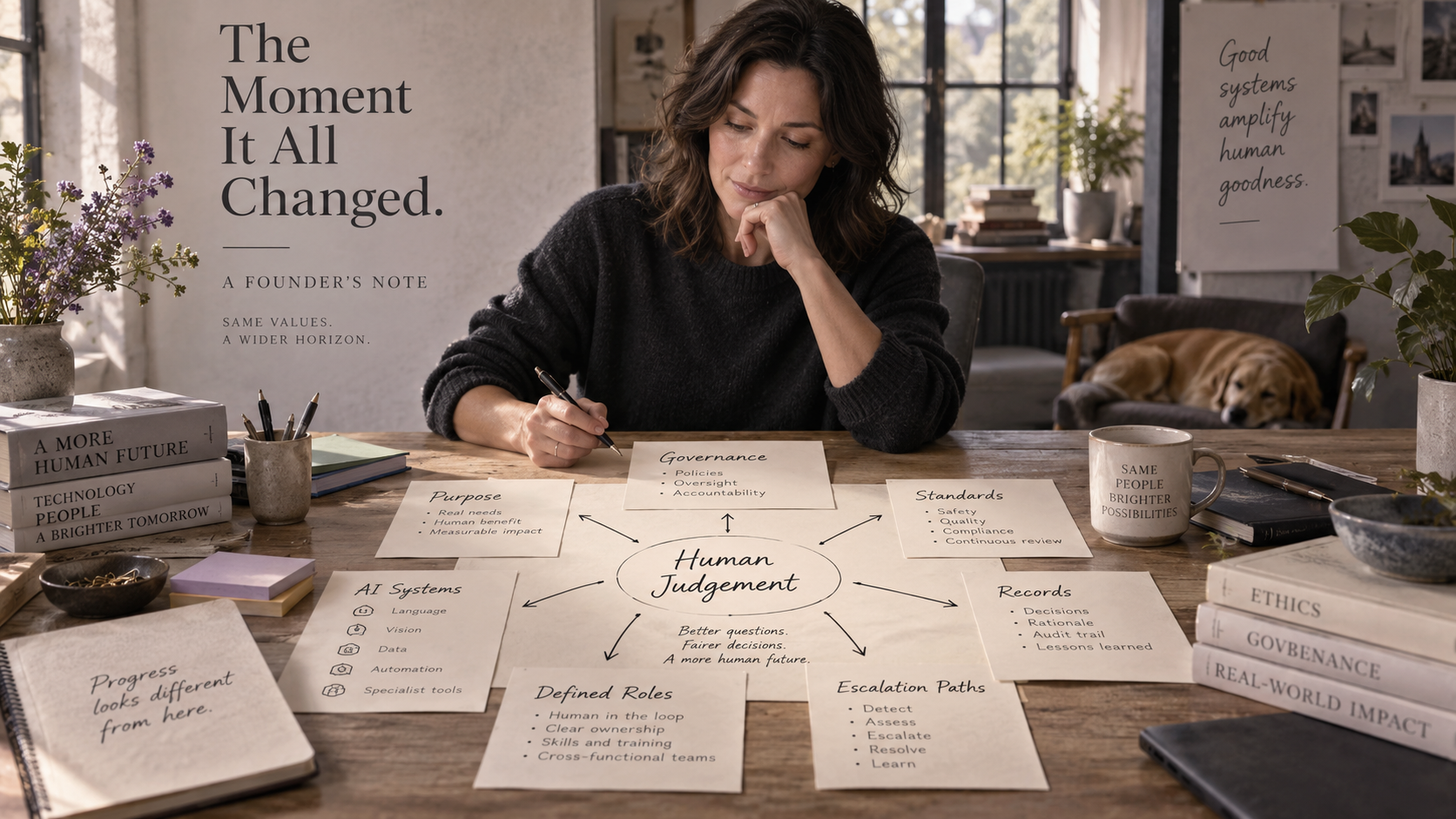 A founder considering a paper decision map in a quiet UK studio, with human judgement at the centre of a restrained multi-system landscape.