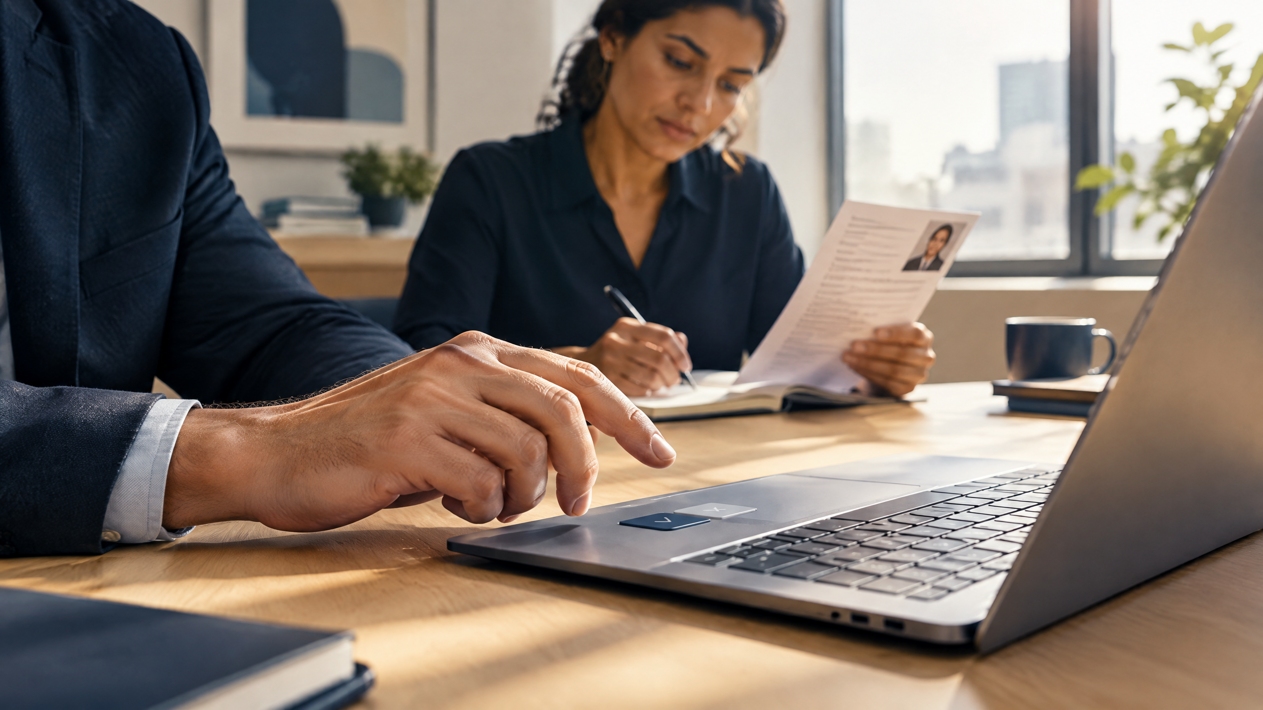 Original HHAI editorial image showing a manager pausing above a laptop approval control while a colleague reviews a candidate assessment and makes notes, representing informed human judgement rather than automatic acceptance.