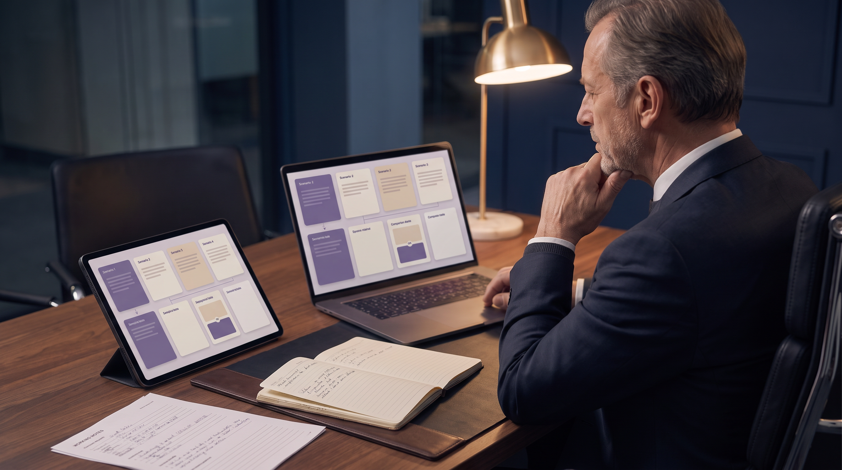 A business leader comparing several unselected continuity options on a laptop and tablet beside open working notes.