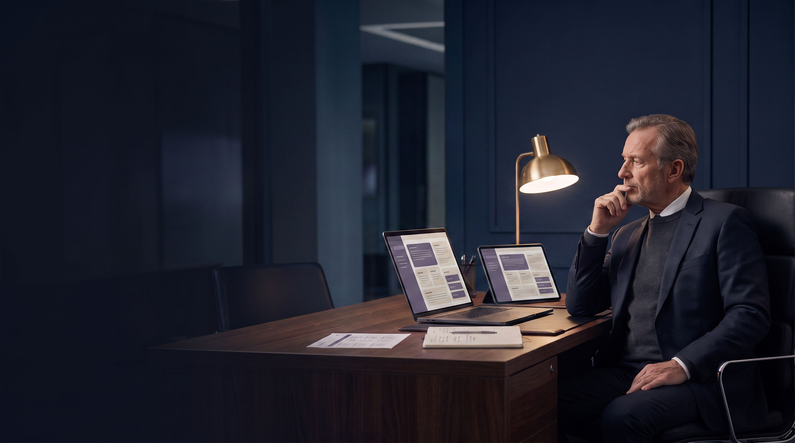 A business leader comparing information on a laptop and tablet at a working desk, with several possible options visible and no decision preselected.