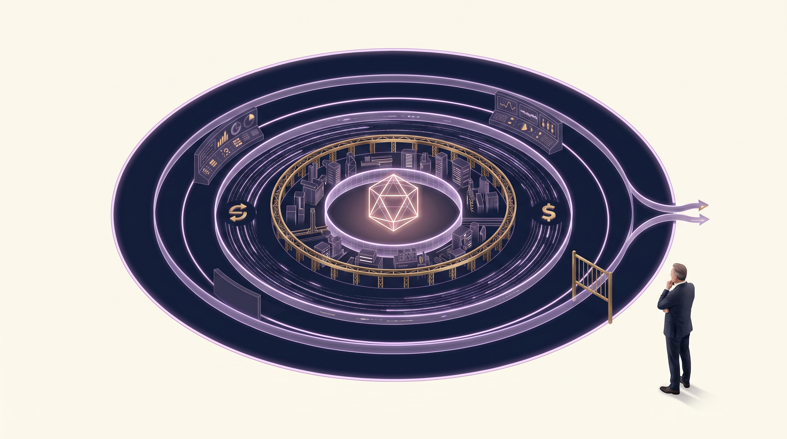 Conceptual radial visual of an open model at the centre of six surrounding dependency layers, observed by a human decision-maker.