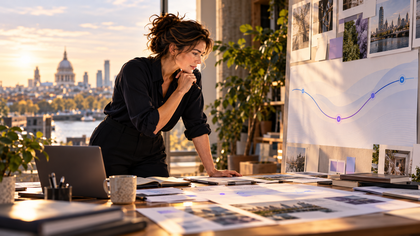 A woman reflecting beside a blue–purple curve in a warm London workspace.