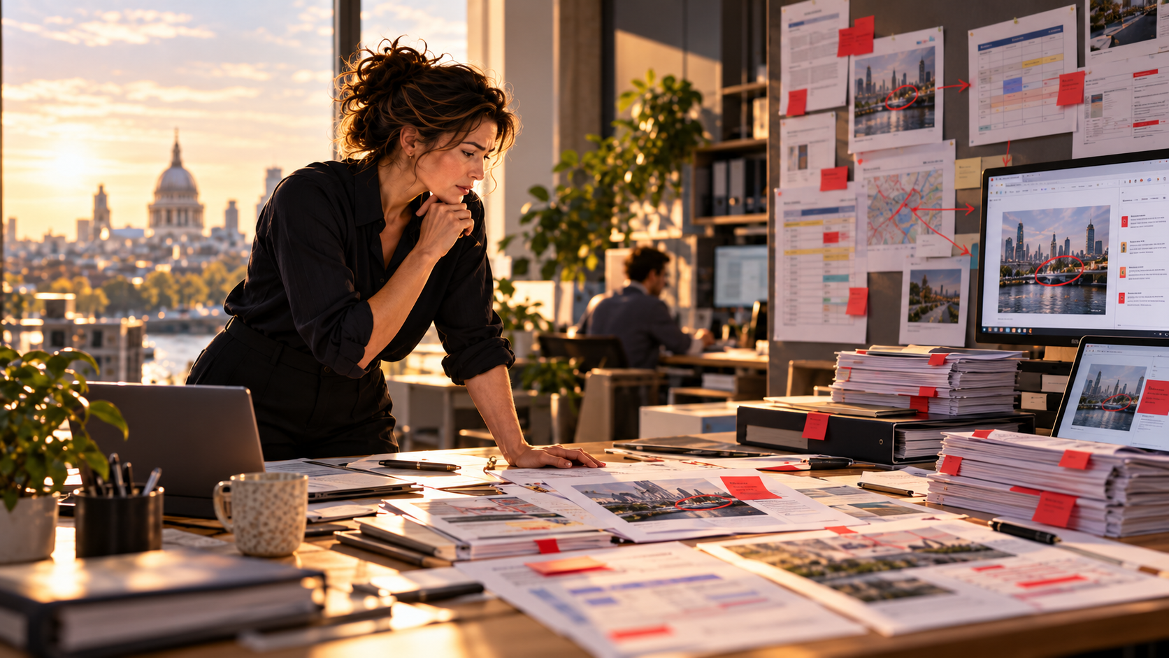 A woman tracing a red-marked discrepancy across documents and screens.