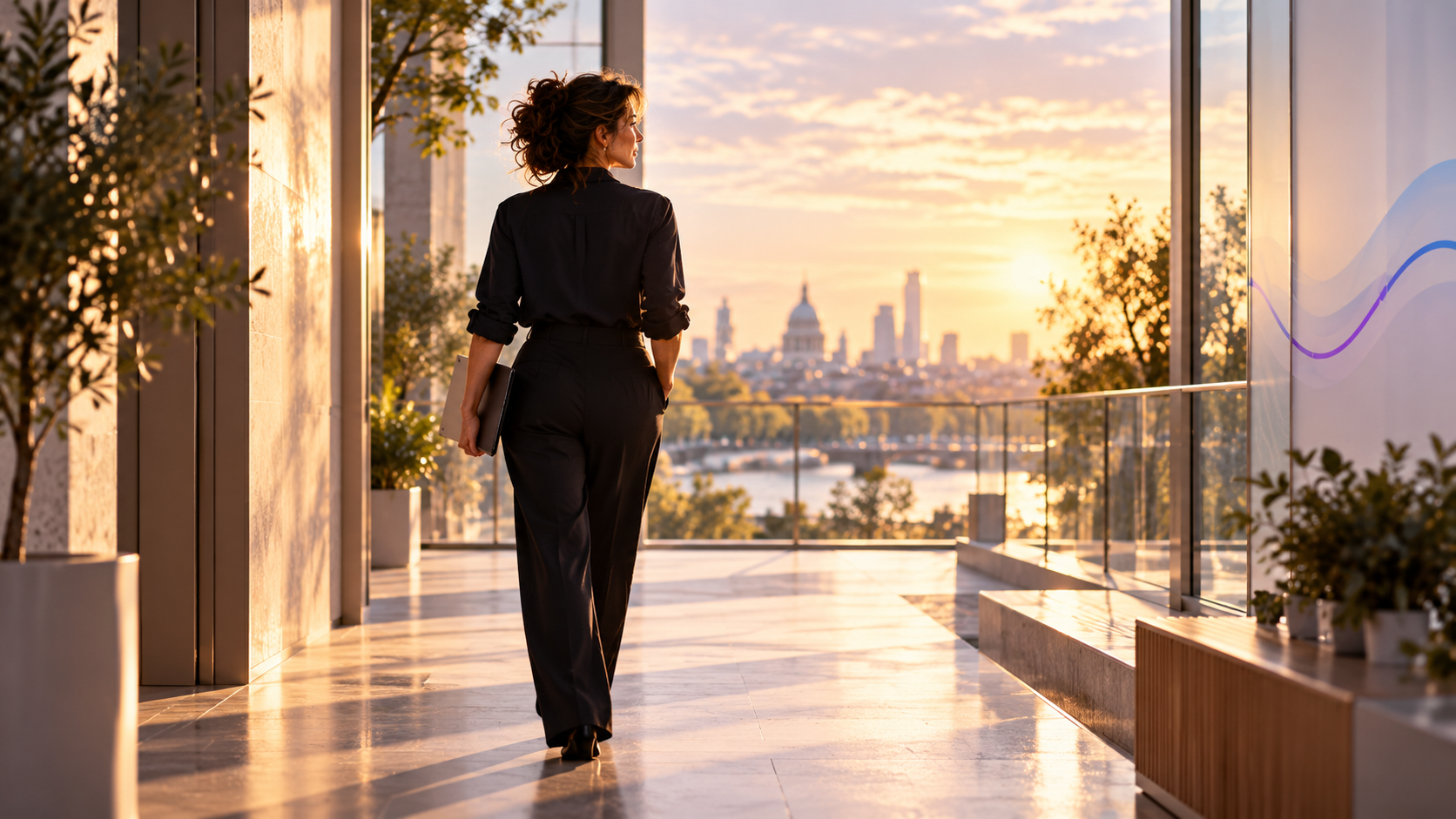 A woman looking across London from a calm, sunlit balcony.