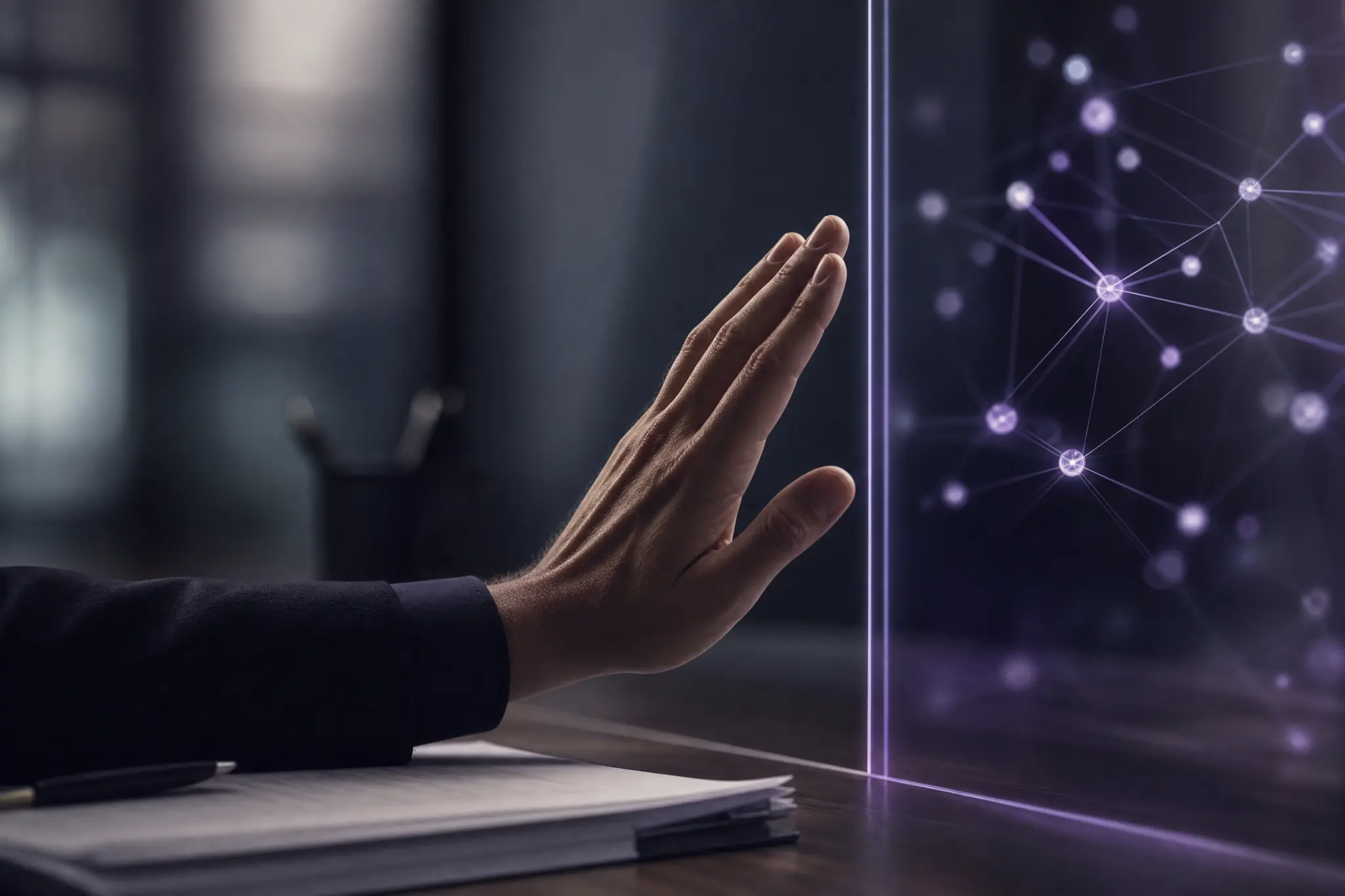 A human hand raised at a glowing boundary between a desk and an abstract network of AI signals, representing a clear point where AI must stop and human authority begins.