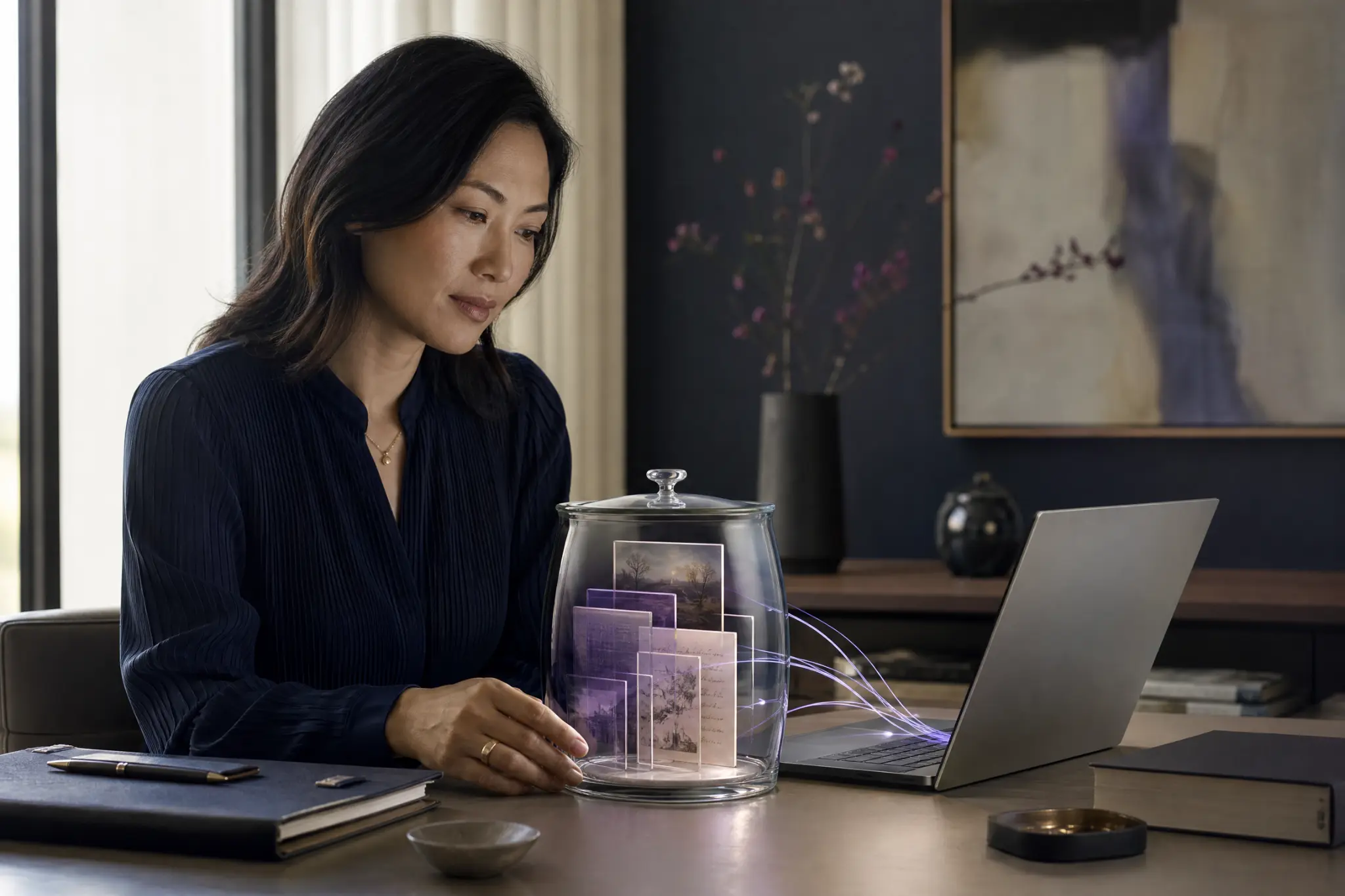 A professional reviewing a glass vessel containing layered records connected to a laptop, representing transparent and user-controlled AI memory.